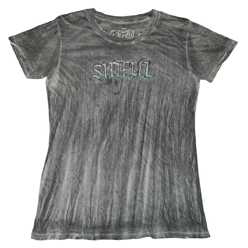 Sinful By Affliction Women's Top Large Y2K Wings Grunge Gothic Graphic T Shirt